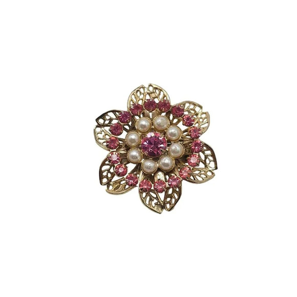 Pink Rhinestone Floral Filigree Brooch Pin Gold Tone Vintage - Picture 1 of 4